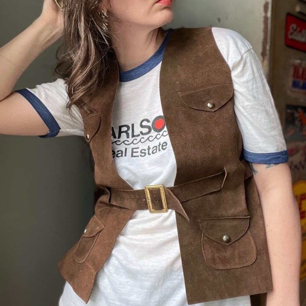 Vintage 70s Suede Leather Vest | Belted Tailored Fit Brass Hardware | Utility| S